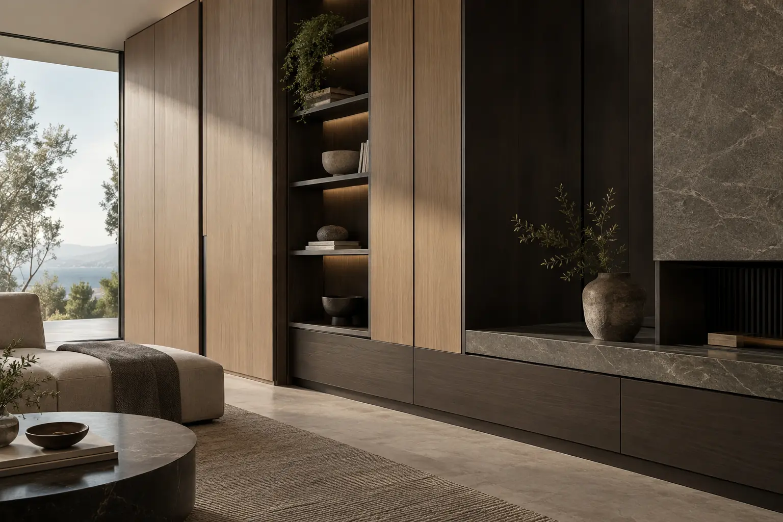 Concept de mobilier rezidențial custom din lemn, metal și piatră
